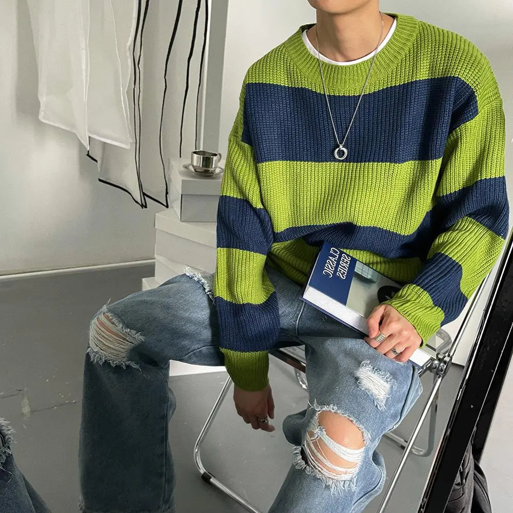 Striped Round Neck Men's Loose Autumn Winter Sweater