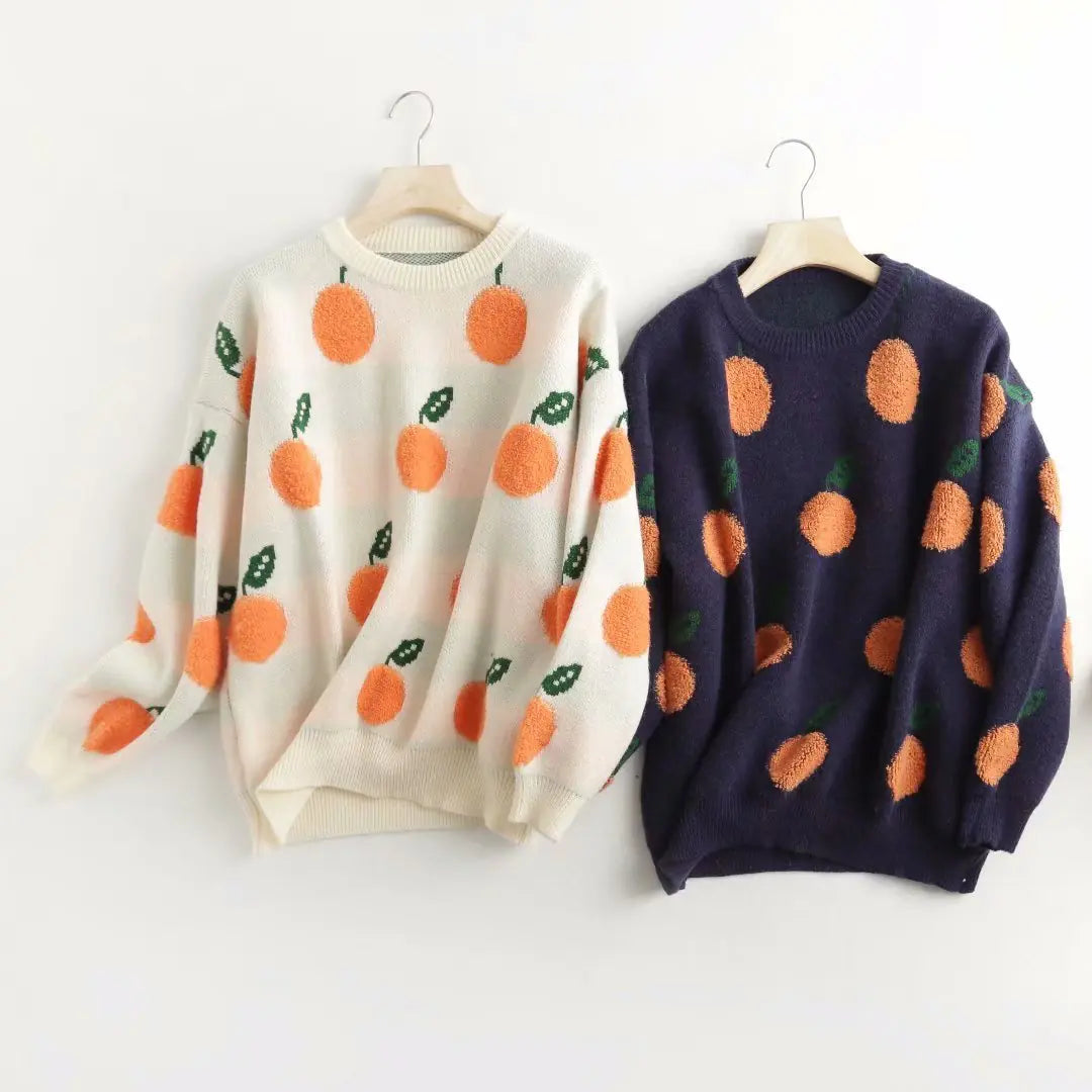 Fruit Jacquard Women's Round Neck Loose Pullover Sweater