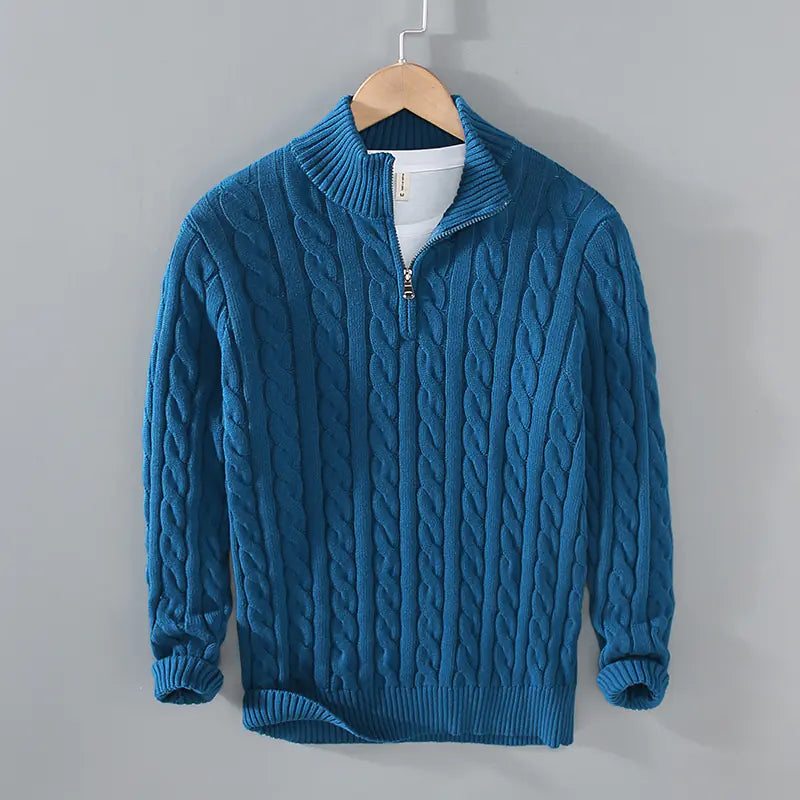 Men's Thick Knit Zipper Sweater with Half Turtleneck