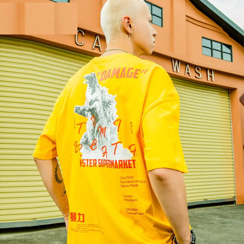 Men's Loose Fit Cotton T-Shirt with Godzilla Print