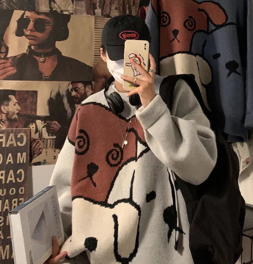 Japanese Retro Cartoon Panda Knit Sweater for Men