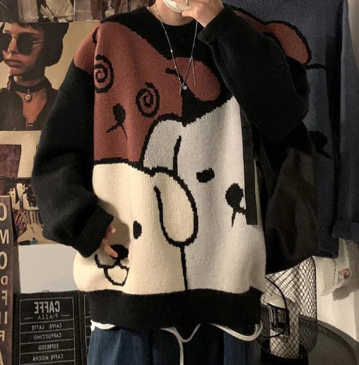 Japanese Retro Cartoon Panda Knit Sweater for Men