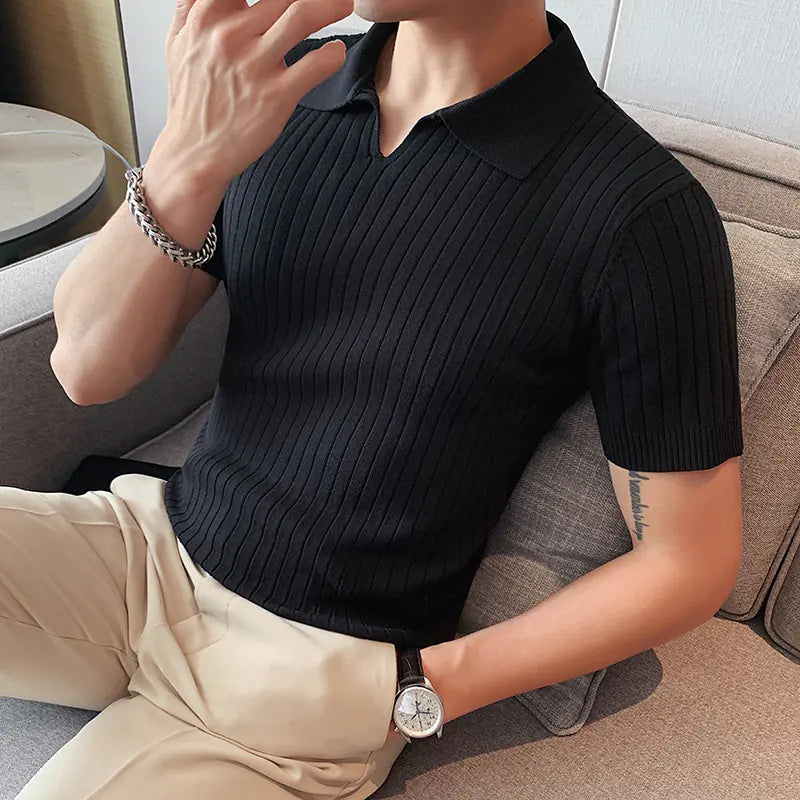 Men's Slim Fit V-Neck Knit Stripe Polo Shirt