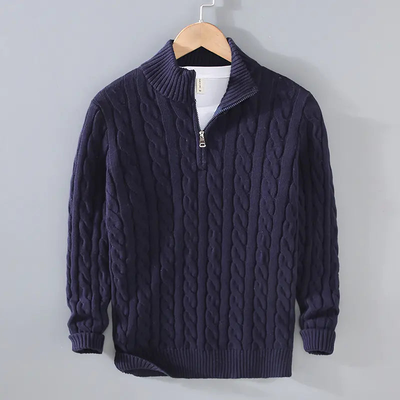 Men's Thick Knit Zipper Sweater with Half Turtleneck