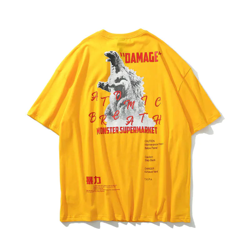 Men's Loose Fit Cotton T-Shirt with Godzilla Print