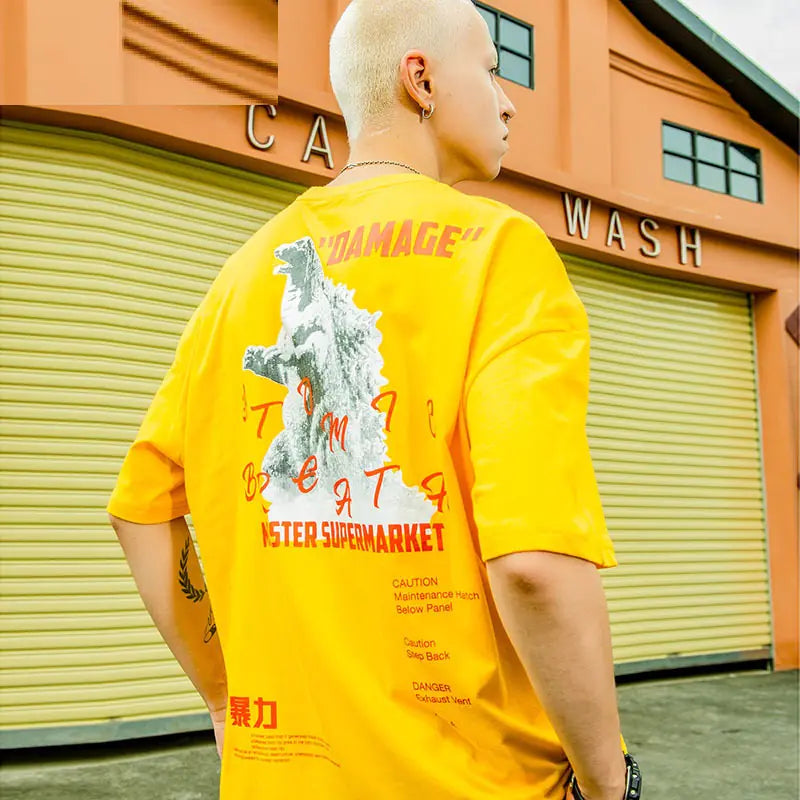 Men's Loose Fit Cotton T-Shirt with Godzilla Print