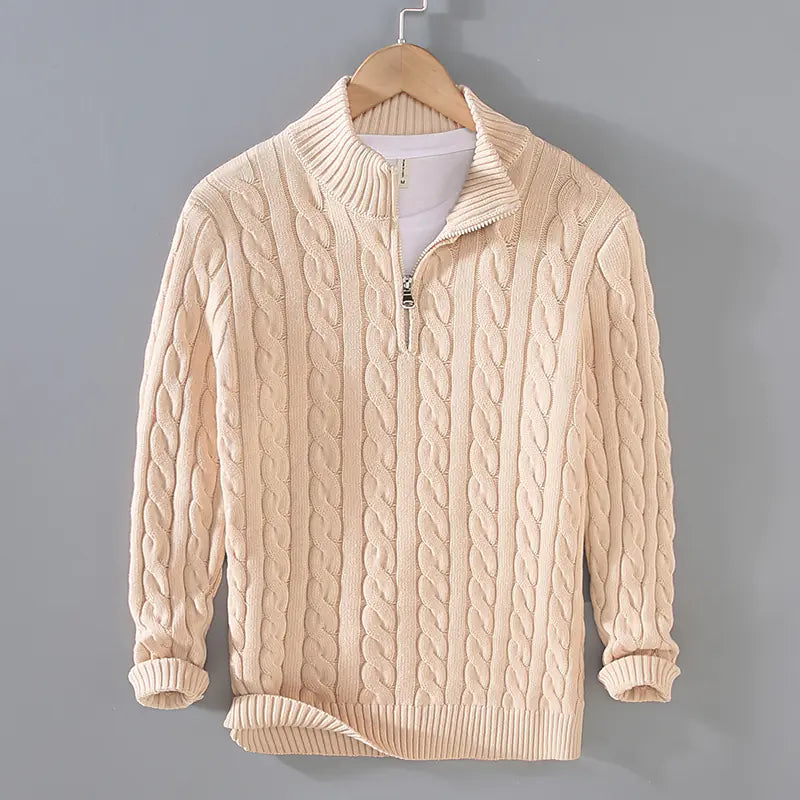 Men's Thick Knit Zipper Sweater with Half Turtleneck