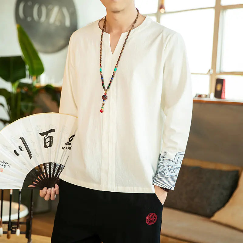 Men's Cotton Linen Embroidered Long Sleeve T-Shirt