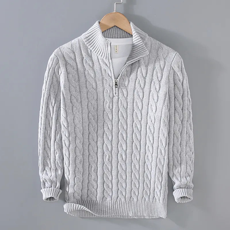 Men's Thick Knit Zipper Sweater with Half Turtleneck
