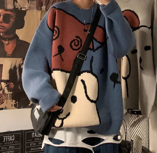 Japanese Retro Cartoon Panda Knit Sweater for Men