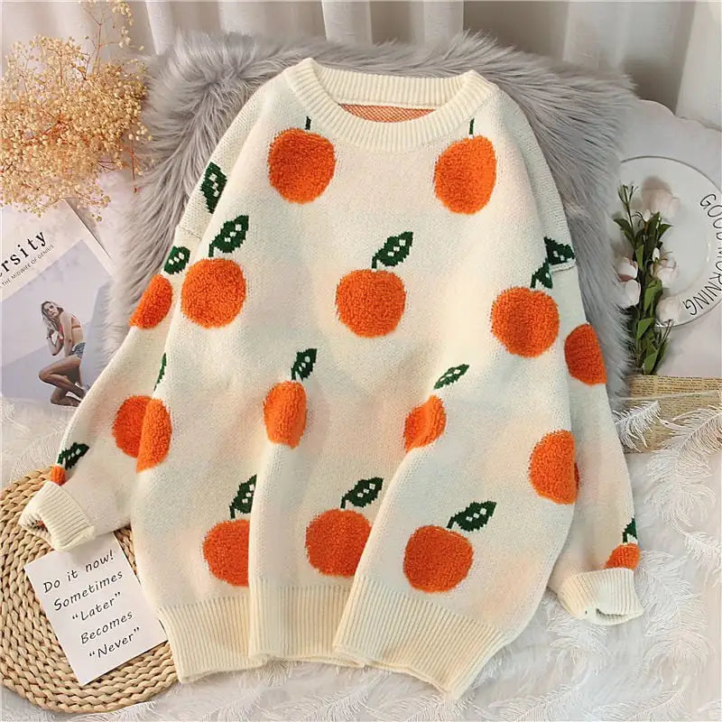 Fruit Jacquard Women's Round Neck Loose Pullover Sweater