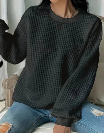 Trendy Women's Loose Waffle Round Neck Pullover Sweater
