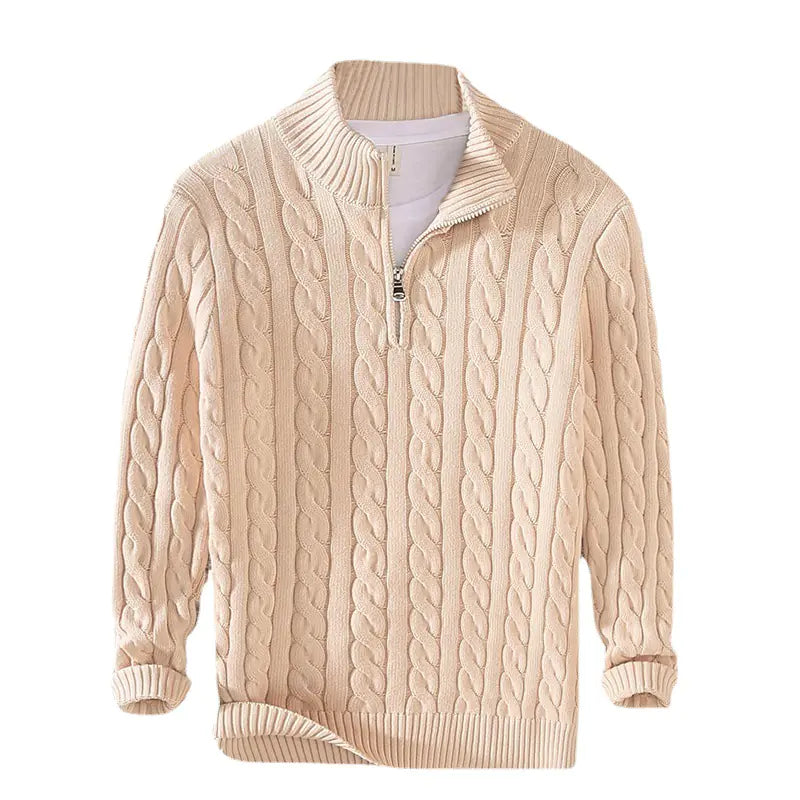 Men's Thick Knit Zipper Sweater with Half Turtleneck