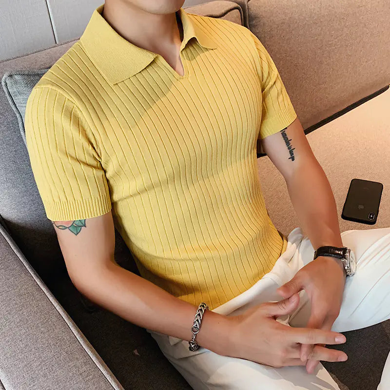 Men's Slim Fit V-Neck Knit Stripe Polo Shirt