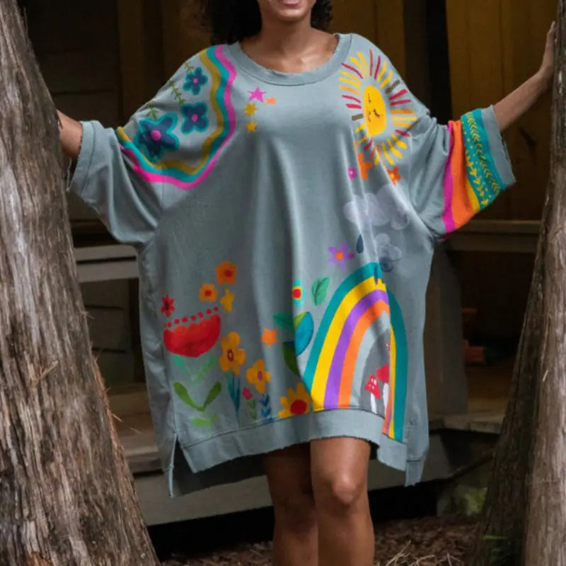 Loose Fit Printed Crew Neck Sweatshirt for Women
