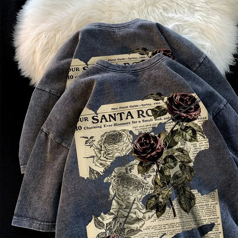 Retro Rose Print Cotton T-shirts for Men & Women