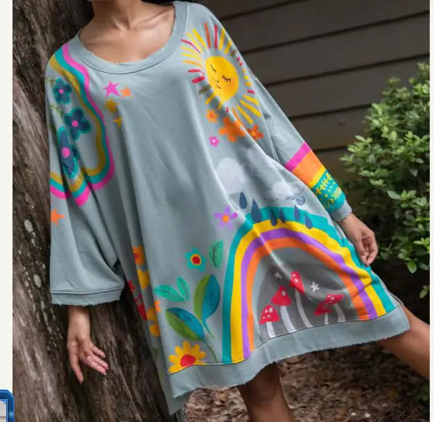 Loose Fit Printed Crew Neck Sweatshirt for Women