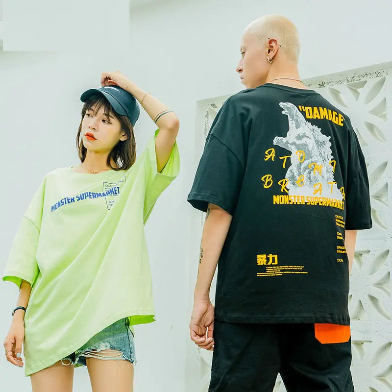 Men's Loose Fit Cotton T-Shirt with Godzilla Print