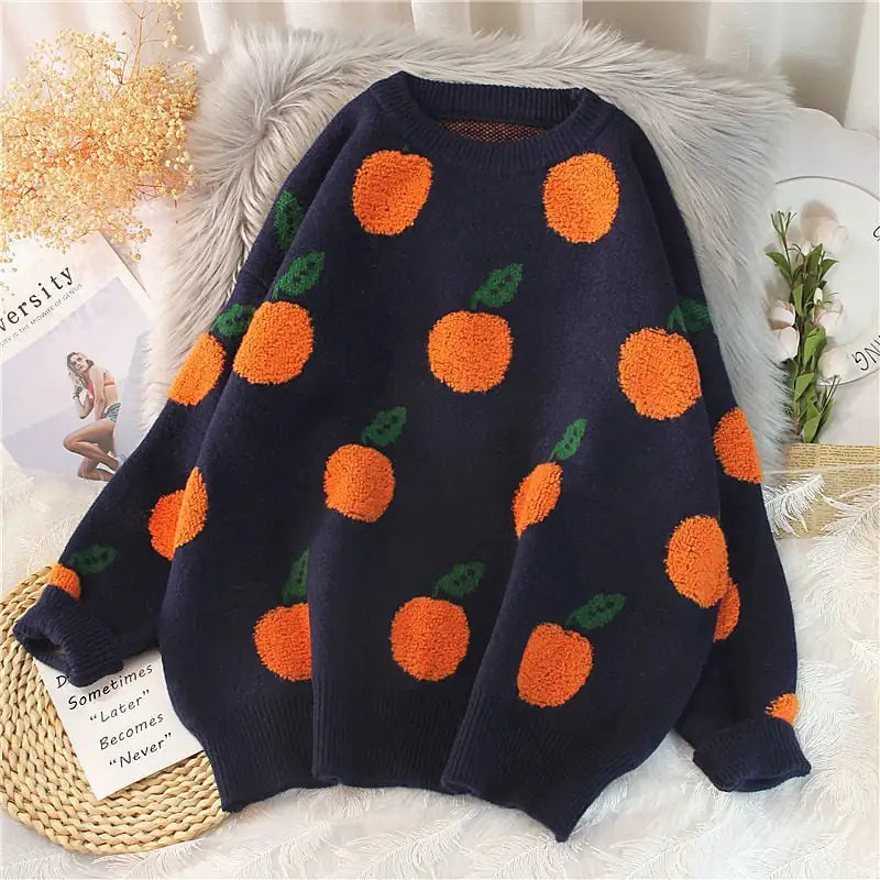 Fruit Jacquard Women's Round Neck Loose Pullover Sweater