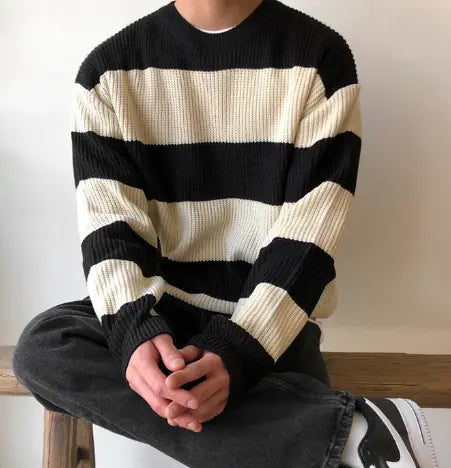 Striped Round Neck Men's Loose Autumn Winter Sweater