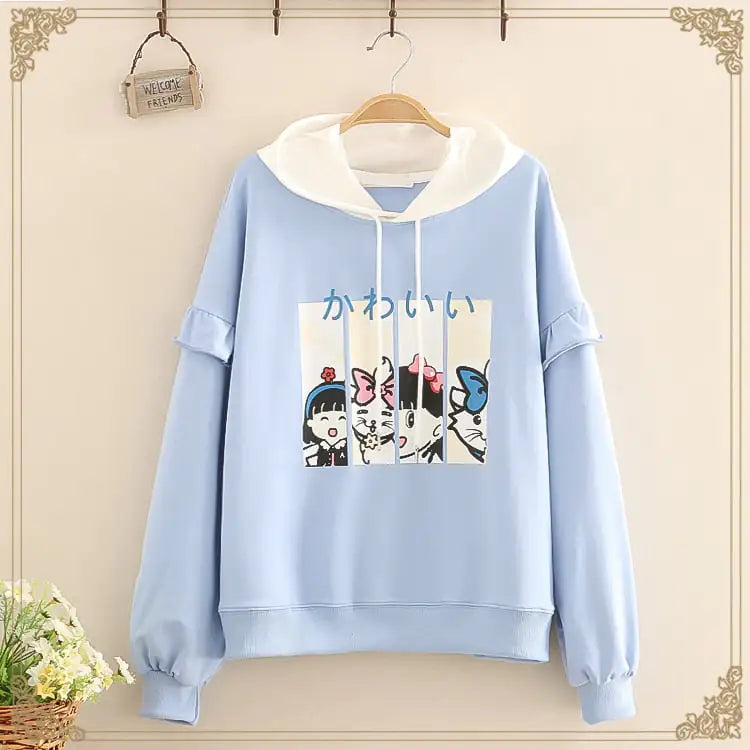 Casual Hoodies with Ruffles and Cartoon Print Cotton