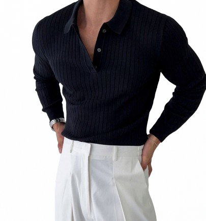 Men's Ribbed Knit Polo Shirt - Casual Button-Up Top