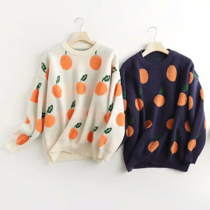 Fruit Jacquard Women's Round Neck Loose Pullover Sweater