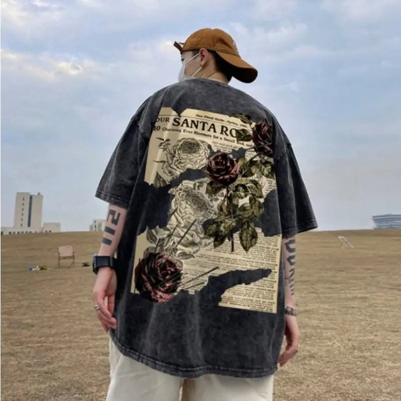 Retro Rose Print Cotton T-shirts for Men & Women