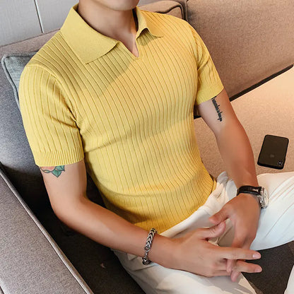 Men's Slim Fit V-Neck Knit Stripe Polo Shirt