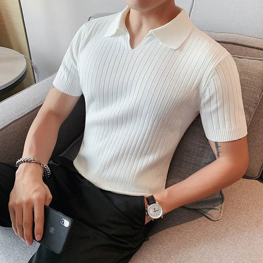Men's Slim Fit V-Neck Knit Stripe Polo Shirt