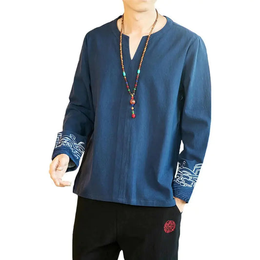 Men's Cotton Linen Embroidered Long Sleeve T-Shirt