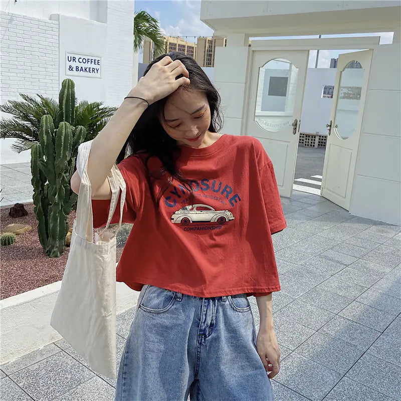 Loose Fit Short Sleeve T-Shirt for Women - Vintage Style