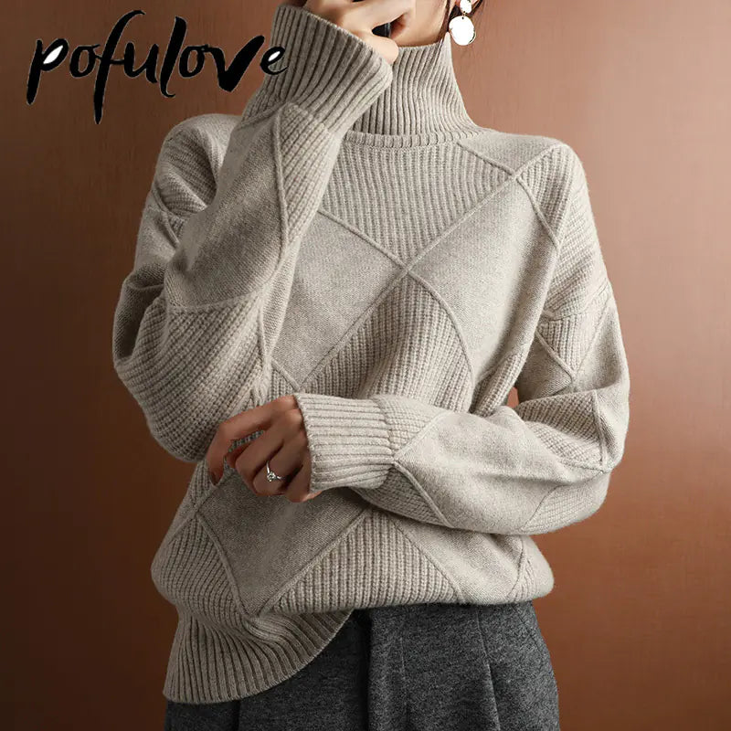 Wool High-Neck Thick Knitted Sweater for Women