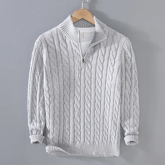 Men's Thick Knit Zipper Sweater with Half Turtleneck