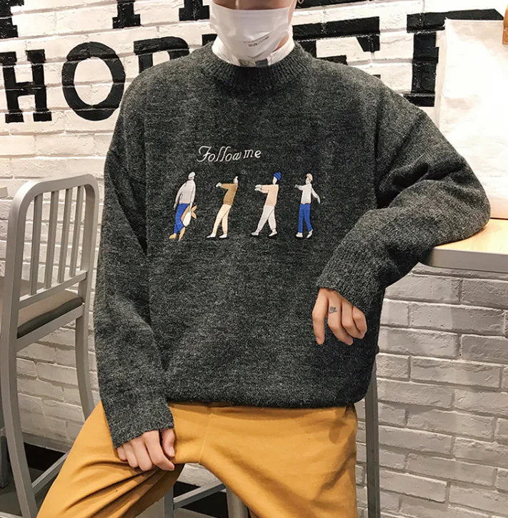 Cartoon Embroidered Sweater for Men - Loose Knit Design