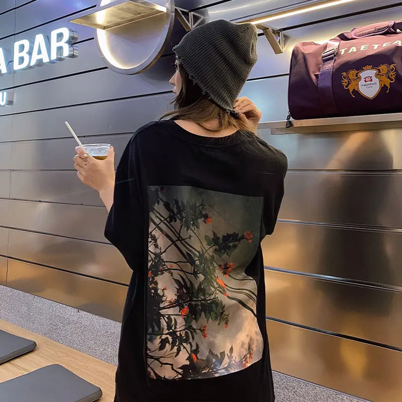 Double Line Floral Print Couple Graphic T-Shirts