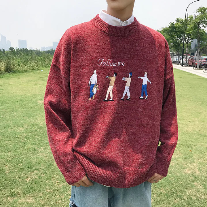 Cartoon Embroidered Sweater for Men - Loose Knit Design