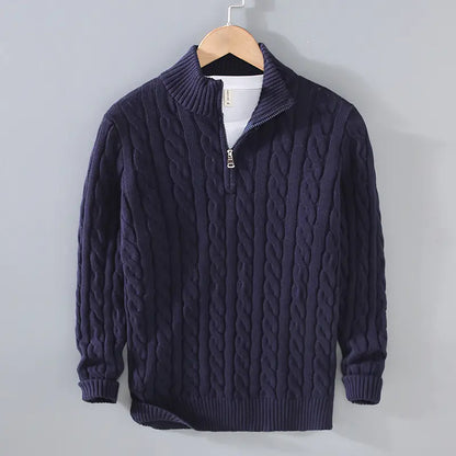 Men's Thick Knit Zipper Sweater with Half Turtleneck