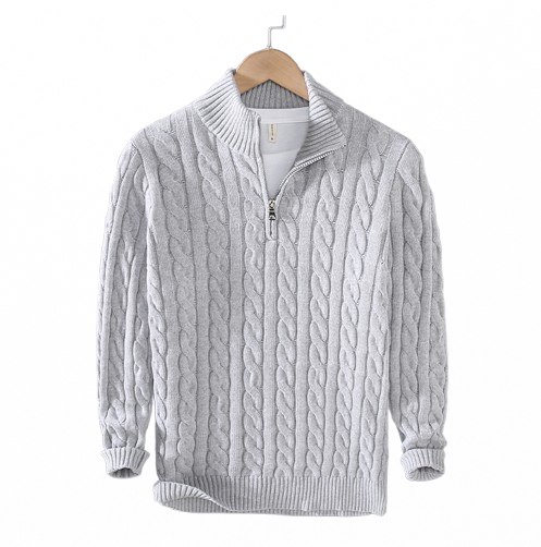 Men's Thick Knit Zipper Sweater with Half Turtleneck