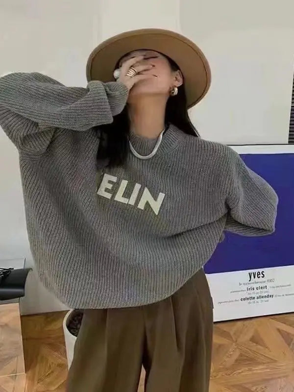 Olive Green Women's Loose Round Neck Knitted Sweater