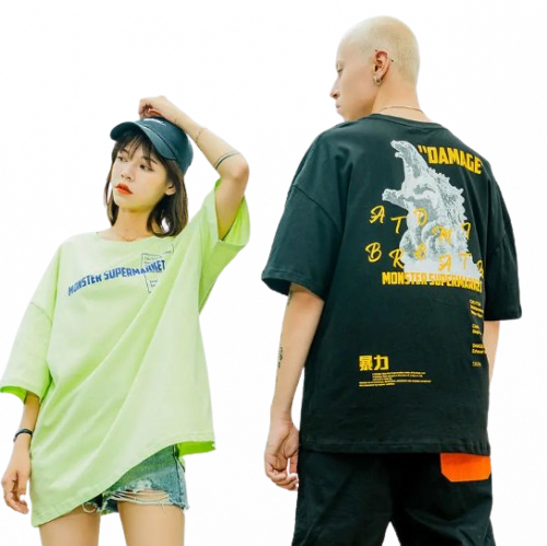 Men's Loose Fit Cotton T-Shirt with Godzilla Print