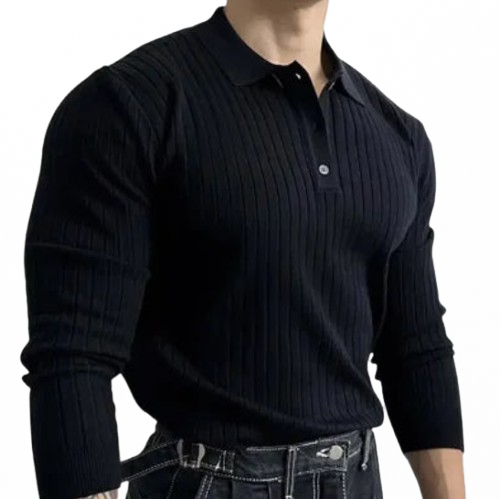 Men's Ribbed Knit Polo Shirt - Casual Button-Up Top