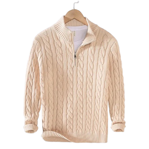 Men's Thick Knit Zipper Sweater with Half Turtleneck