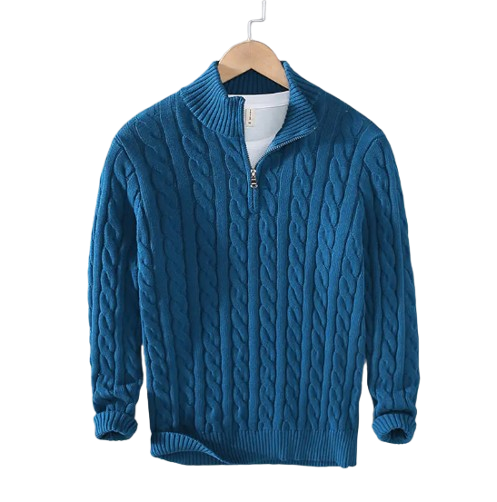 Men's Thick Knit Zipper Sweater with Half Turtleneck
