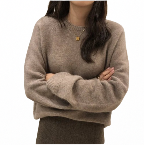 Women's Loose Thickened Round Neck Short Pure Wool Knitted Sweater