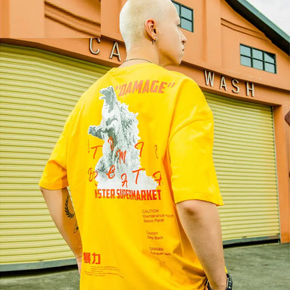 Men's Loose Fit Cotton T-Shirt with Godzilla Print