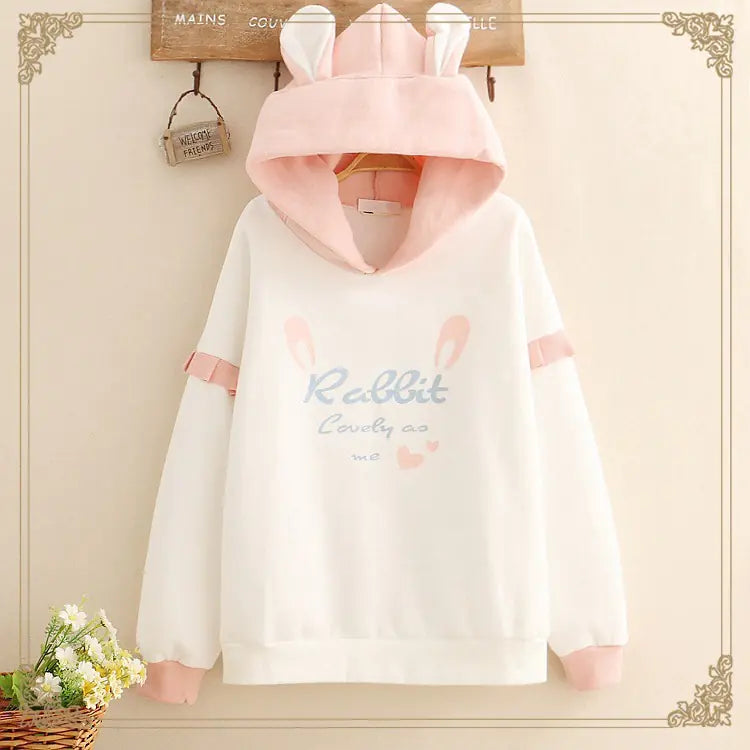 Lace Rabbit Print Hooded Fleece Sweater