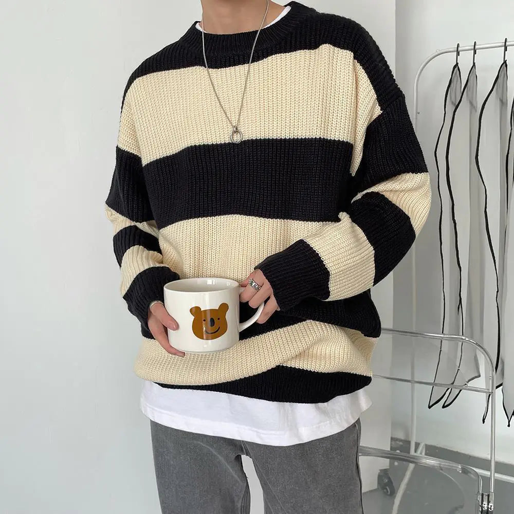 Striped Round Neck Men's Loose Autumn Winter Sweater