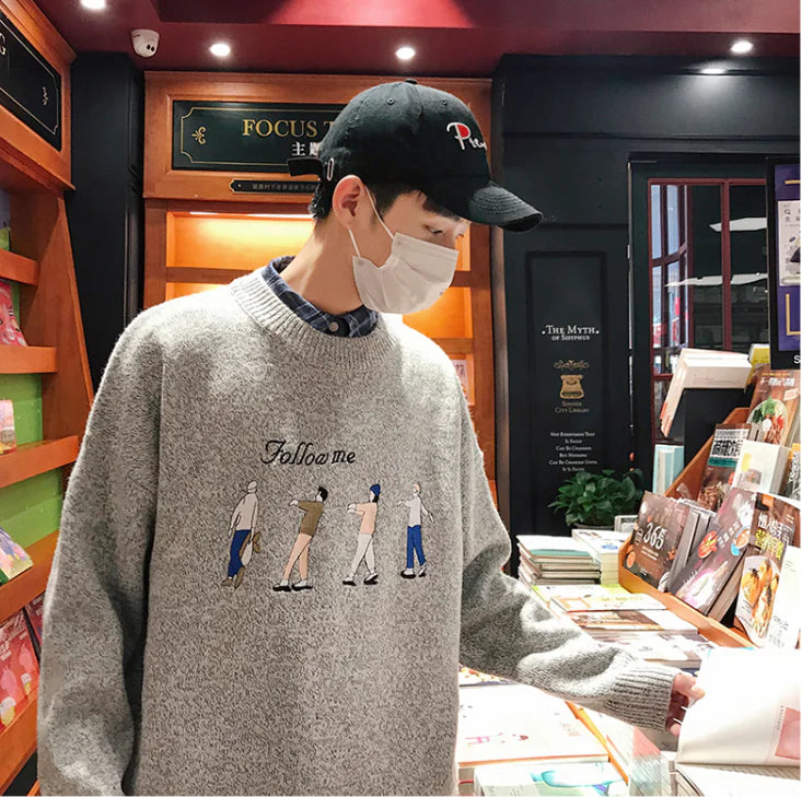 Cartoon Embroidered Sweater for Men - Loose Knit Design