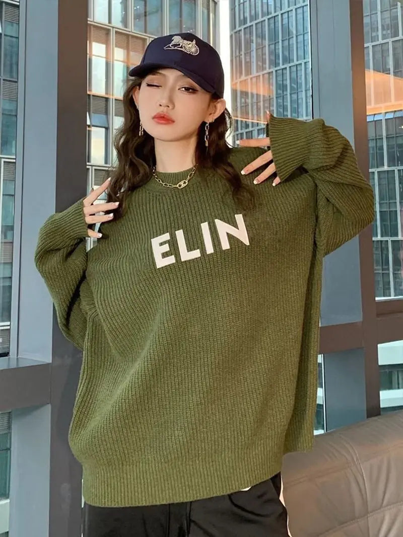 Olive Green Women's Loose Round Neck Knitted Sweater